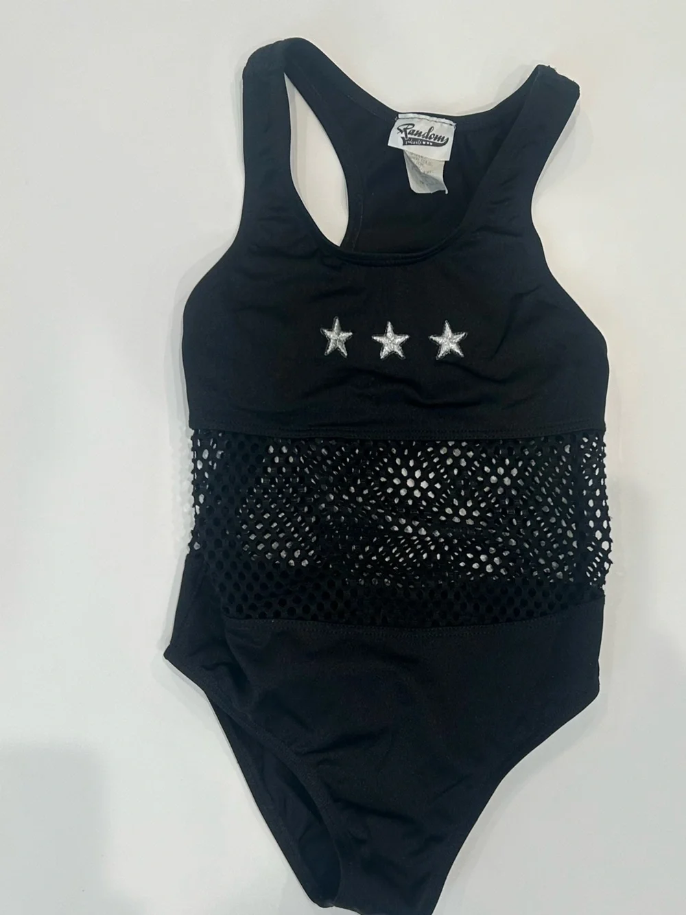 Black One-Piece Swimsuit with Mesh Waist and Silver Stars, Random Hearts